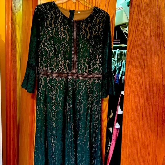 slim fit dress slacks Exude Gleaming Fit & Flare Dress with Long Sleeves (Emerald Green) main image 0